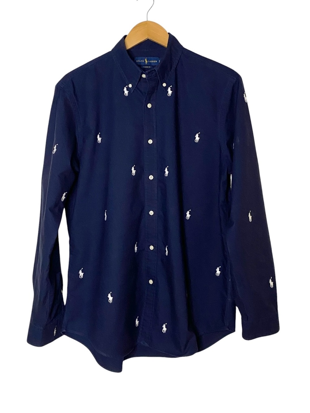 Ralph Lauren Navy Blue Oxford Button Down w/All Over White Polo Ponies Lg